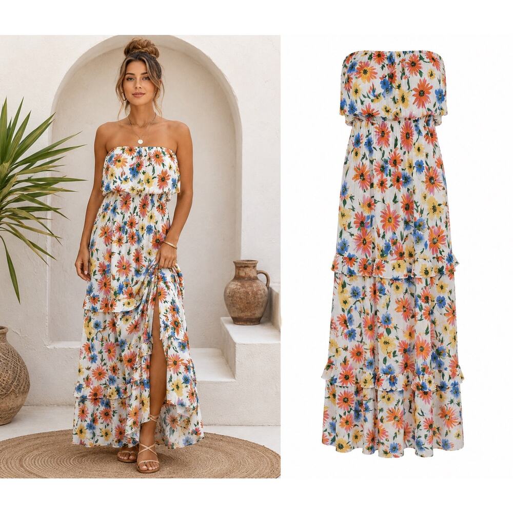 Lush Women’s Large Strapless Floral Tube Top Tiered Maxi Dress Resort Boho
